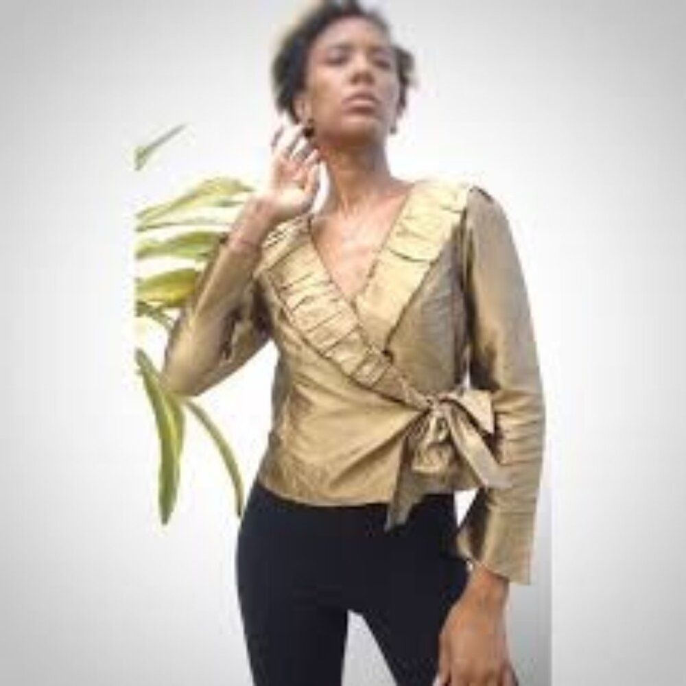 Sunny Leigh Women’s Silk Gold Wrap Blouse Jacket Size 6